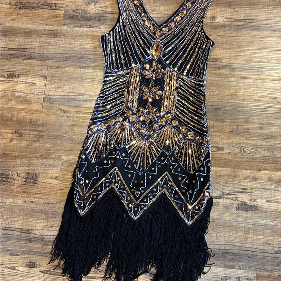 Black and Gold Beaded Fringe Flapper Dress - Picture 1 of 7